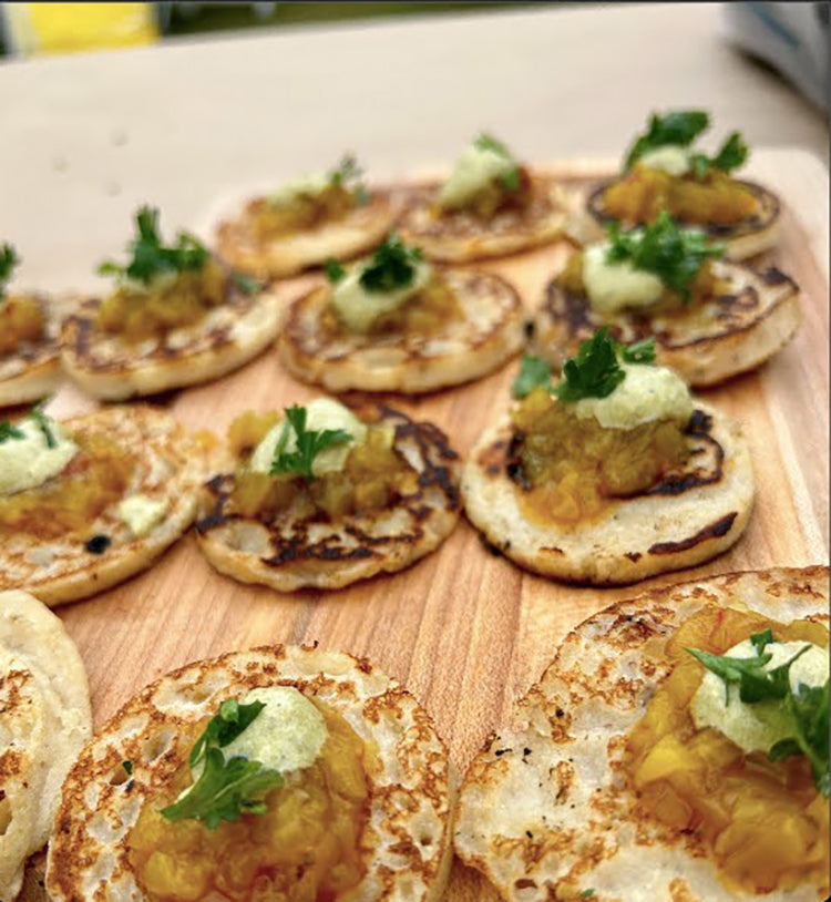 Mini Johnny Cakes with Chow Chow Relish and Avocado Crema