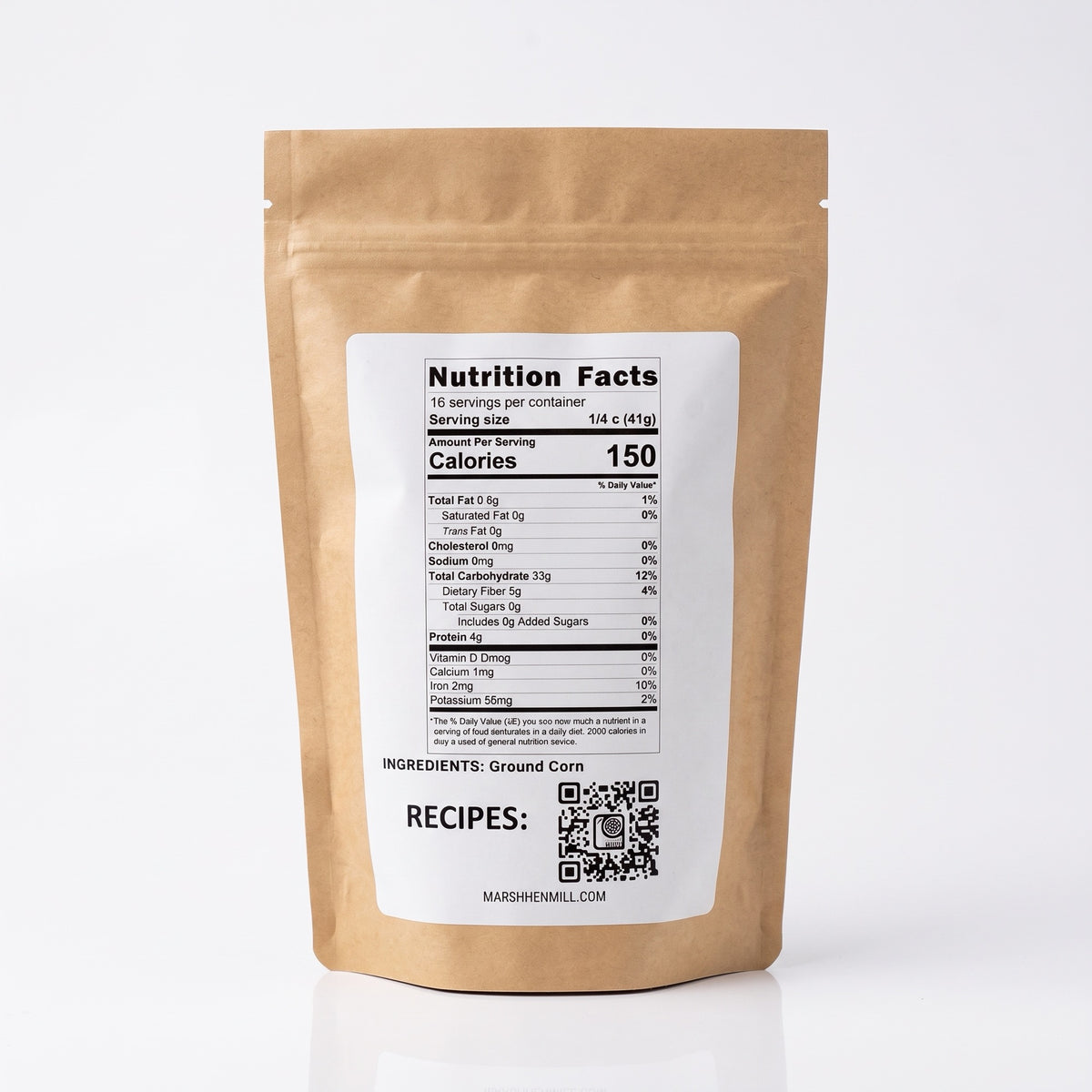 Detailed front view of the Nutrition Facts panel for a corn product, set against a subtle, light gray textured background. Text includes: 16 servings per container, serving size 1/4 cup, 150 calories per serving, and a breakdown of nutrients with Daily Values.