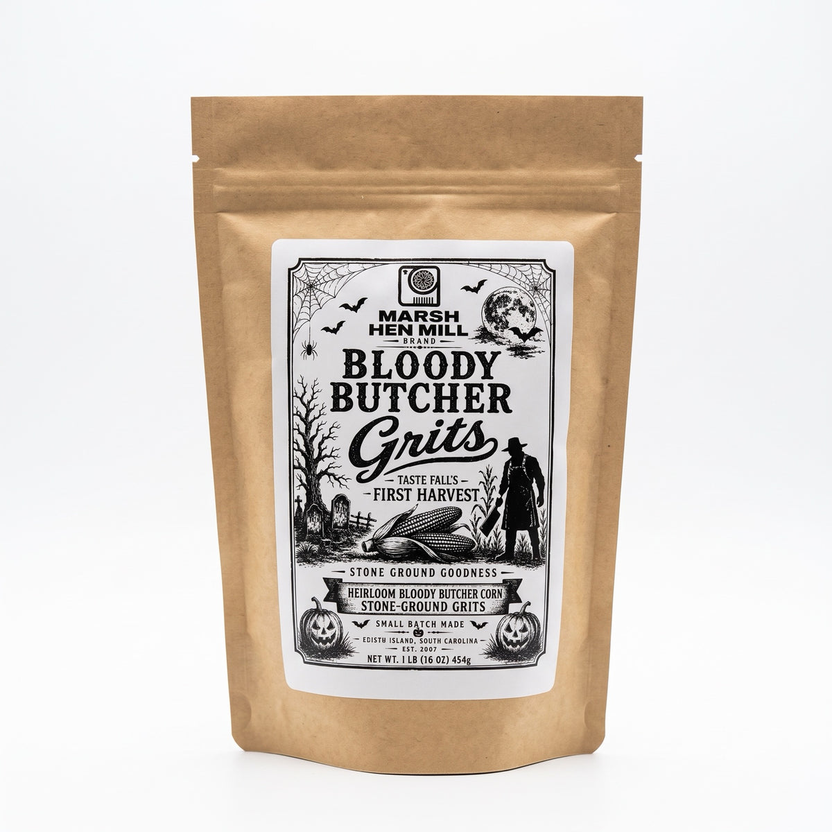 A kraft paper stand-up pouch of Marsh Hen Mill 'Bloody Butcher Grits' with a large white label featuring a black Halloween-themed illustration, photographed on a clean white background.