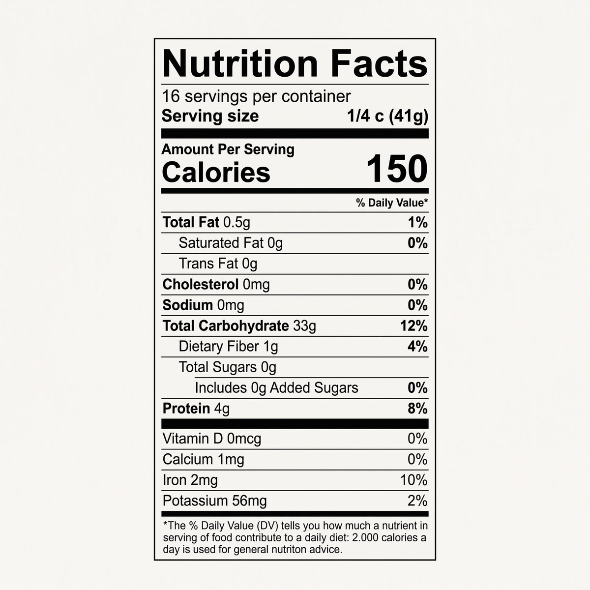 A Nutrition Facts label shown on a light gray background, with black text on a white label. The label lists serving size 1/4 c (41g), 150 calories, and nutrients including total fat 0.
